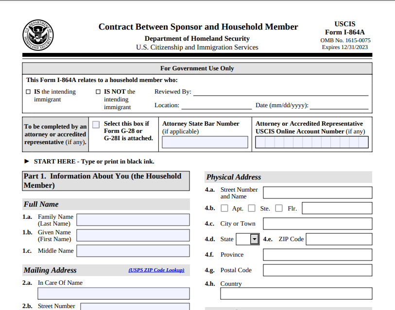 Form I-864A - CONTRACT BETWEEN SPONSOR AND HOUSEHOLD MEMBER