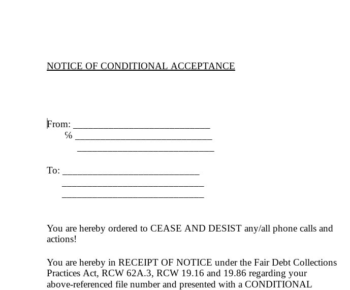 Conditional Acceptance Letter for Debt (Sample)