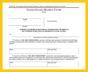 Blank District Court Subpoena to Produce Documents Information or Objects or to permit Inspection of Premises in a Civil Action