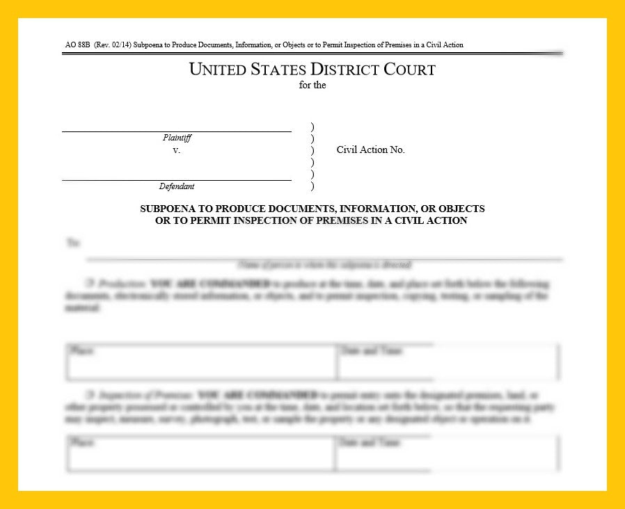 Blank District Court Subpoena to Produce Documents Information or Objects or to permit Inspection of Premises in a Civil Action