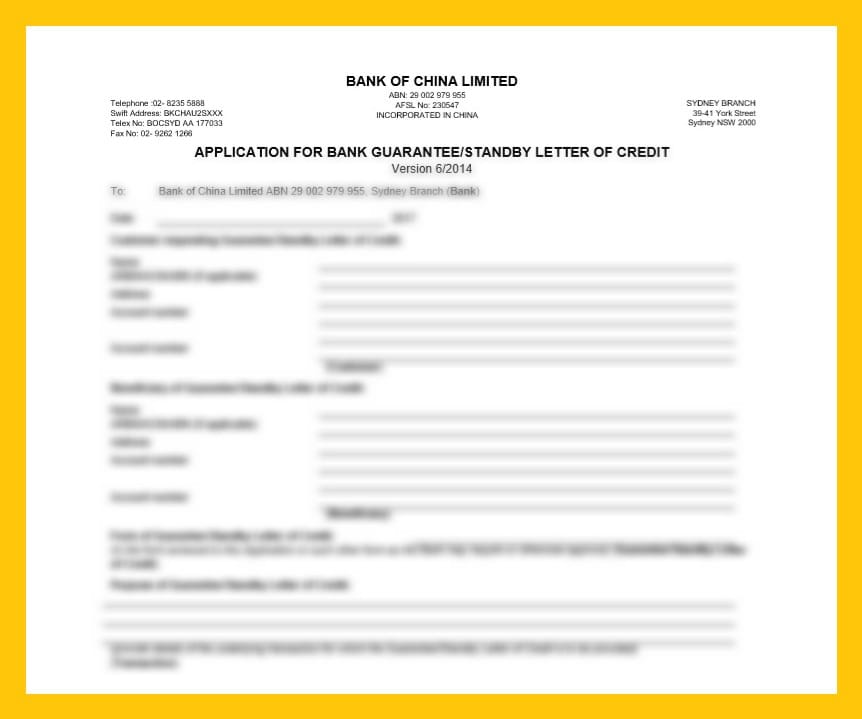 (BANK OF CHINA LIMITED) APPLICATION FOR BANK GUARANTEE/STANDBY LETTER OF CREDIT